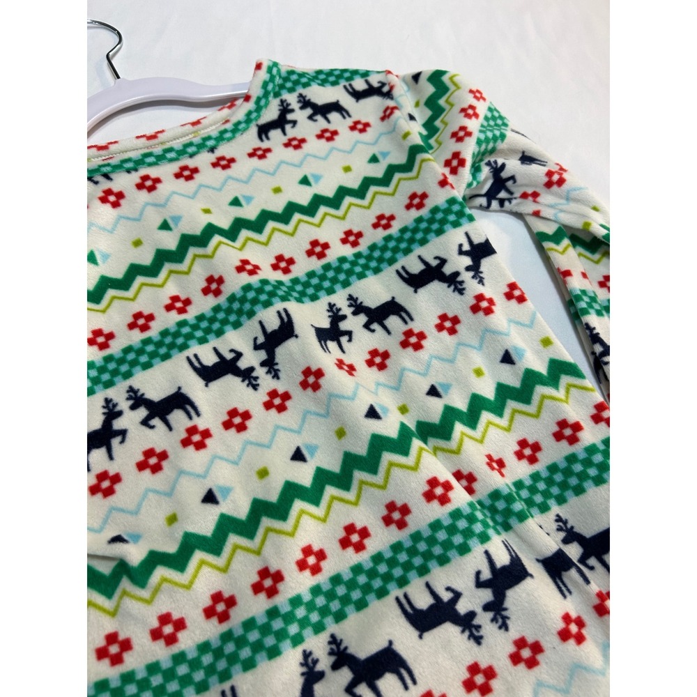 Cat & Jack Kids Size 10 Reindeer Fair Isle Fleece Pajama Top White Green Red